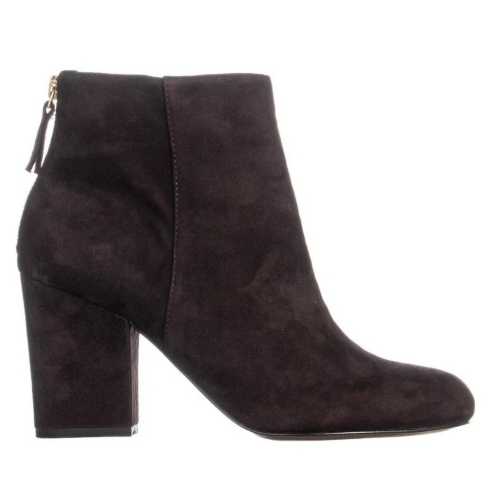 Nine West Genevieve Suede Heeled Back Gold Zip Ankle Booties - BROWN